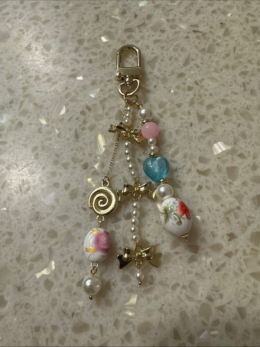 Gold Bow & Pearl Floral Charm Keychain - Pink, Blue, White